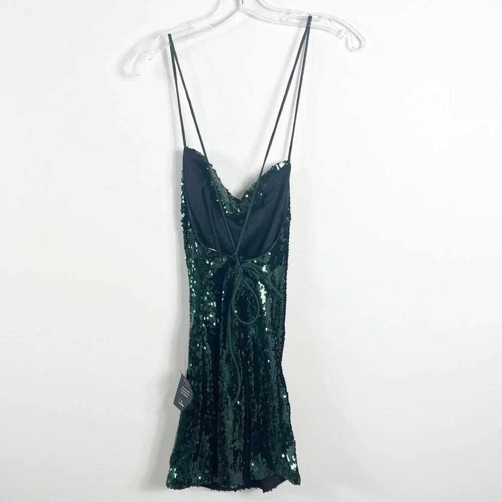 Lulus Sequin Sparkle Emerald Lace-Up Back Mini Bodycon Dress Size XL NWT - Picture 3 of 4